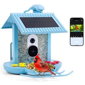 HiBirds Smart Bird Feeder – Observatoire d’oiseaux connecté avec caméra intégrée et panneaux solaires bleu
