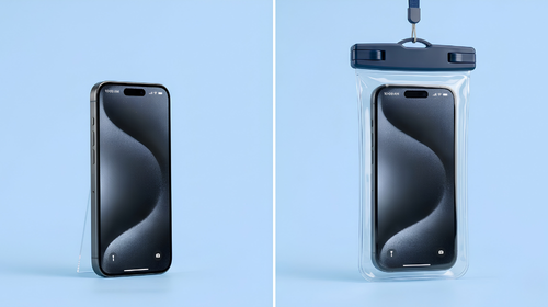 Comparaison entre un iPhone nu et un iPhone équipé d'une coque waterproof étanche Catalyst.