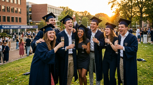Groupe de jeunes diplômés qui célèbrent leur remise des diplômes ensemble