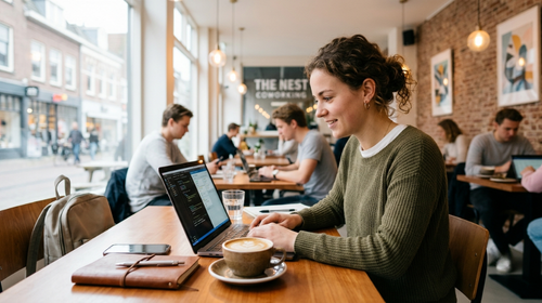 Jeune diplômé avec laptop et café dans un espace de travail  idée cadeau pour lancer sa carrière