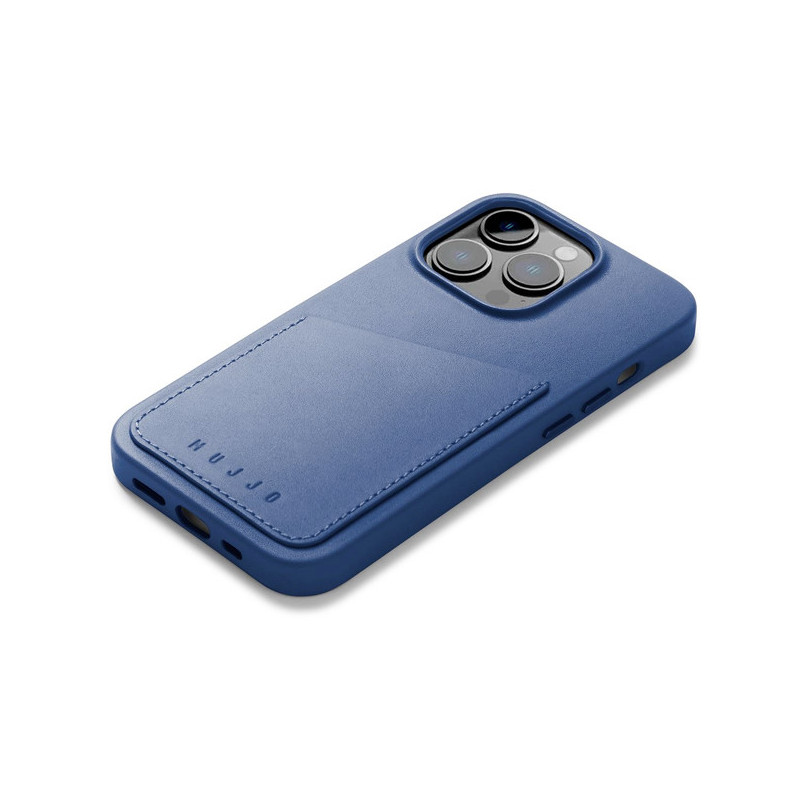 Mujjo Coque en cuir portefeuille pour iPhone 14 Pro Max - Bleu