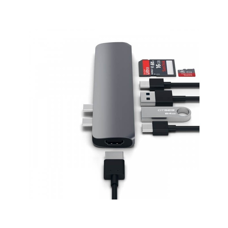 Hub USB C multiport HDMI 4K, Ethernet, USB C 60W, 3 USB, Lecteur carte -  Satechi V2 Gris - Français