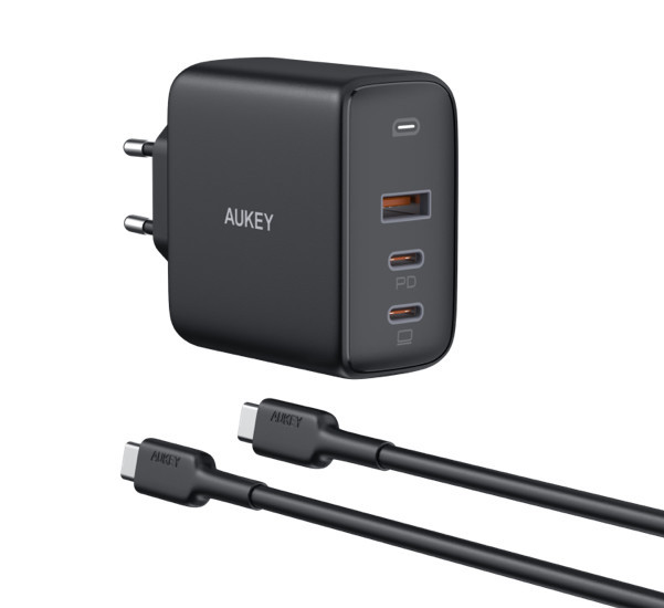 Aukey - Chargeur rapide 90W avec câble USB-C - 3 ports - noir