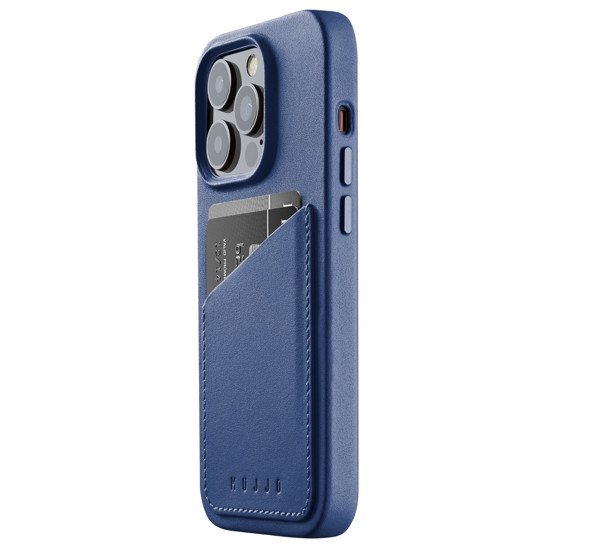 Mujjo Coque en cuir portefeuille pour iPhone 14 Pro - Bleu