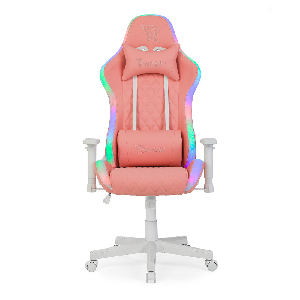 Ranqer Halo - Chaise gaming blanche avec LED RGB, chaise gamer ergonomique Rose