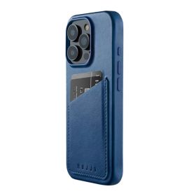 Mujjo Coque Portefeuille en Cuir iPhone 16 Pro - Bleu