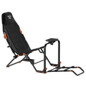 Cockpit sim racing pliable Ranqer noir avec siège incliné, détails orange et plaque volant, vue latérale